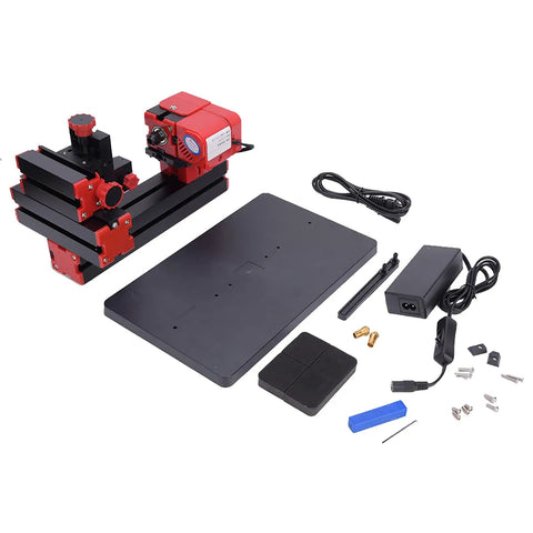 Ftvogue 6 In 1 Mini Motorized Lathe Machine Multi Functional DIY Woodworking Tool Kit with base and accessories laid out.