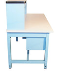 Solid Modular Technical Workbench With ESD Laminate Surface, 60 By 30 Inch showing side view with locking drawer and light blue frame.