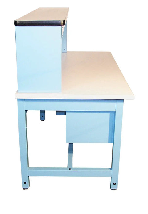 Solid Modular Technical Workbench With ESD Laminate Surface, 60 By 30 Inch showing side view with locking drawer and light blue frame.