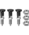 Pro Grade Three Pack Stainless Steel Ball Nose Spring Plungers With M12x1.5 Threads And A Six Millimeter Pin Diameter self locking retractable plungers with nuts.