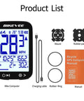 GPS Bike Computer With Auto Backlight For Road And Mountain Riding Wireless Cycling Computer That Works As Speedometer And Odometer Waterproof Tracker Tracks Speed Distance Time Temp Altitude Gradient And More With 28 Hour Battery; package contents including bike computer, charging cable, mount, rubber pad, rubber ring, and manual.