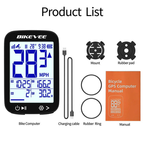 GPS Bike Computer With Auto Backlight For Road And Mountain Riding Wireless Cycling Computer That Works As Speedometer And Odometer Waterproof Tracker Tracks Speed Distance Time Temp Altitude Gradient And More With 28 Hour Battery; package contents including bike computer, charging cable, mount, rubber pad, rubber ring, and manual.