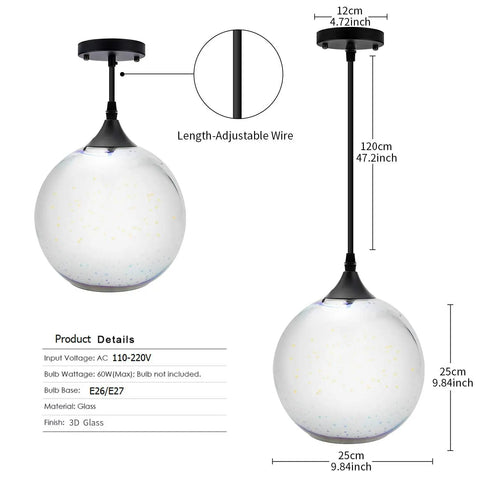 Industrial Modern 3D Colorful Glass Pendant Light 9 Point Eight Inch Eye Catching Fireworks Globe Hanging Lamp dimensions