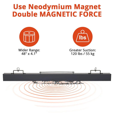 Heavy Duty Forklift Magnetic Sweeper Workhorse With 140 Lb Lifting Capacity, Double Magnetic Force, Quick Release, with specs