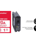 Front view of Homeline 20 Amp 120 Volt Plug In Circuit Breaker 1 Pole UL Listed 10 kA AIR Standard Type 10 Pack