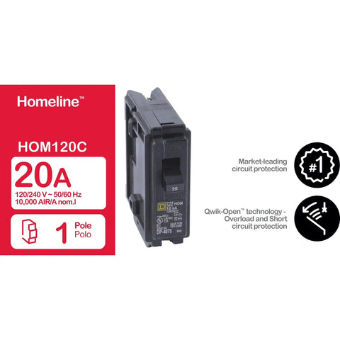 Front view of Homeline 20 Amp 120 Volt Plug In Circuit Breaker 1 Pole UL Listed 10 kA AIR Standard Type 10 Pack