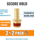 2 Pack 3/8 Barb To 1/4 NPT Brass Air Hose Fittings With Sealant And Clamps, showing powerful barb end and pre-coated threads