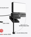Total Game Changer 4K Eye Contact Webcam Featuring Retractable Arm And Integrated Glow Panel Flips Up Clean Out Of Sight For Seamless Video Calls And Stress Free Streaming, showing USB-C cord and bi-color light.