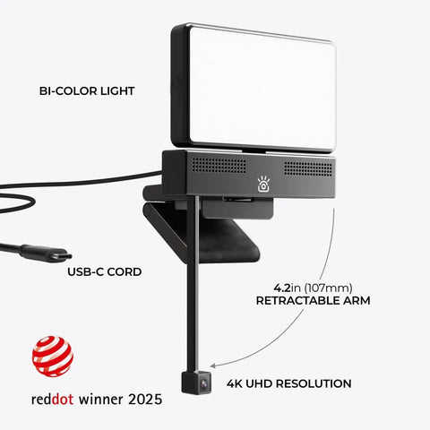Total Game Changer 4K Eye Contact Webcam Featuring Retractable Arm And Integrated Glow Panel Flips Up Clean Out Of Sight For Seamless Video Calls And Stress Free Streaming, showing USB-C cord and bi-color light.