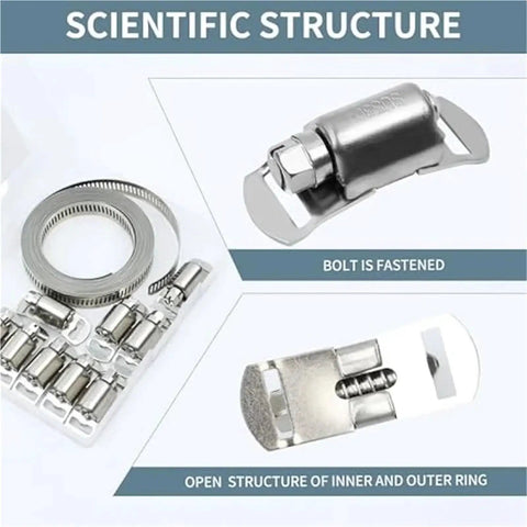 Premium 304 Stainless Steel Hose Clamp Strap Assortment Kit For DIY Pros, featuring durable adjustable worm gear band tech that locks tight for heavy duty repairs without slipping or rusting, silver clamps