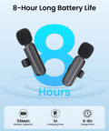 3 In 1 Mini Wireless Lavalier Microphone For iPhone And Android Clip On Lapel Mic with 8-hour battery performance graphic.
