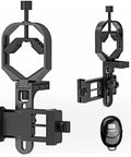 Universal Phone Mount Adapter For Spotting Scopes And Telescopes With 3 Axis Precision Alignment And Z Axis Fine Tuning shown with remote