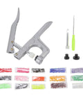 Must Have Go To Plastic Snap Set Kit With 150 T5 Buckles In Various Colors For Clothing And Sewing Projects Durable Plastic Snaps And Handy Snap Plier For DIY Repairs And Craft Projects. T5 plastic snap plier with assorted colored snaps and tools