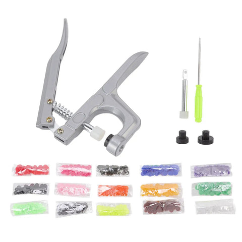 Must Have Go To Plastic Snap Set Kit With 150 T5 Buckles In Various Colors For Clothing And Sewing Projects Durable Plastic Snaps And Handy Snap Plier For DIY Repairs And Craft Projects. T5 plastic snap plier with assorted colored snaps and tools