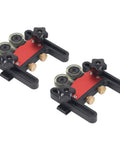Heavy Duty Adjustable Featherboard For Table Saws And Router Tables Featuring Flexible Tracking Wheels, black and red design with wheels.