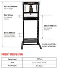 Front view of Beefy 6 Ton Hydraulic H Frame Shop Press With Adjustable Height, showing dimensions and specifications.