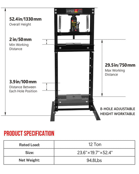 Front view of Beefy 6 Ton Hydraulic H Frame Shop Press With Adjustable Height, showing dimensions and specifications.
