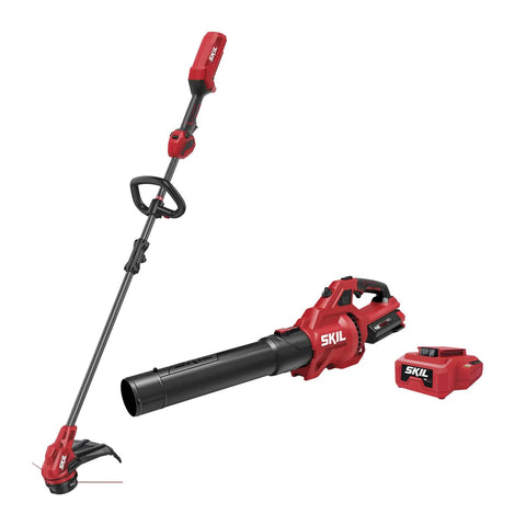 Cordless 40V String Trimmer And 460 CFM Leaf Blower Combo Kit With 2Ah Battery And 60W Charger, shown with tools and battery.
