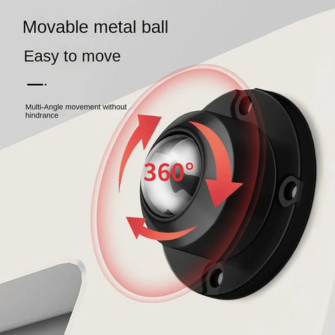Close-up of black 1-inch swivel caster wheel with adhesive base attached to furniture, showing 360-degree rotation.