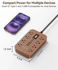Wooden Walnut Power Strip With USB Ports, 5 Ft Long, 8 AC Outlets, 6 USB Ports Including USB C Fast Charging, 1625W Decorative Extension Cord for Brown Tan Wood Grain Rustic Desk Decor shown with dimensions and charging phone