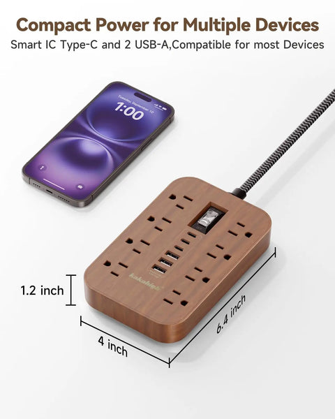 Wooden Walnut Power Strip With USB Ports, 5 Ft Long, 8 AC Outlets, 6 USB Ports Including USB C Fast Charging, 1625W Decorative Extension Cord for Brown Tan Wood Grain Rustic Desk Decor shown with dimensions and charging phone