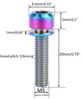 Dope Titanium Bike Stem Bolts M5x20mm Hex With Washer Stigma Chamfer Head Ultra Lightweight Yet Strong Perfect For Bicycle Stem Repairs And Upgrades Set Of 6 shown individually with dimensions