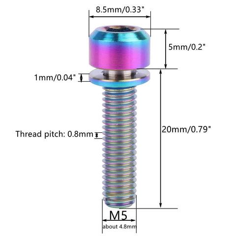 Dope Titanium Bike Stem Bolts M5x20mm Hex With Washer Stigma Chamfer Head Ultra Lightweight Yet Strong Perfect For Bicycle Stem Repairs And Upgrades Set Of 6 shown individually with dimensions