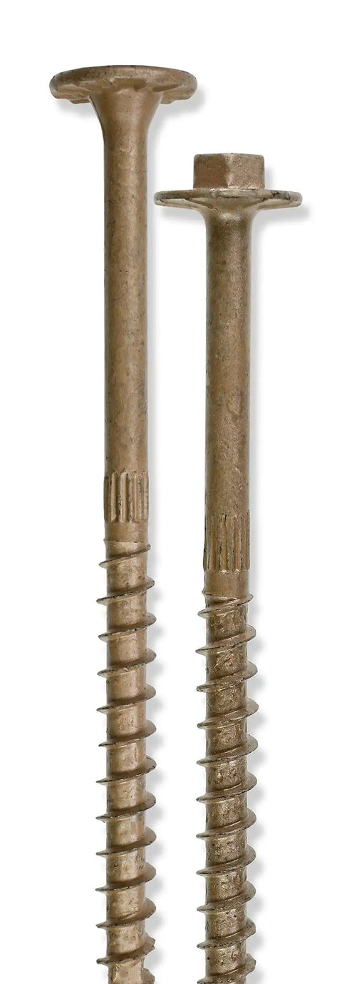 Heavy Duty Exterior Grade Timber Screws Featuring Double Barrier Coating And Killer Sawtooth Tips That Slide Right In Without Any Predrilling Hassle Top Shelf For Outdoor Framing Premium T40 Drive Washer Head Wood Fasteners Tan Pack Of 50 displayed side by side.