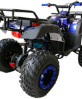 Rear view of a blue Beefy 200cc Full Size ATV Quad for Adults and Youth with LED lights, matching rims, automatic transmission, and luggage rack