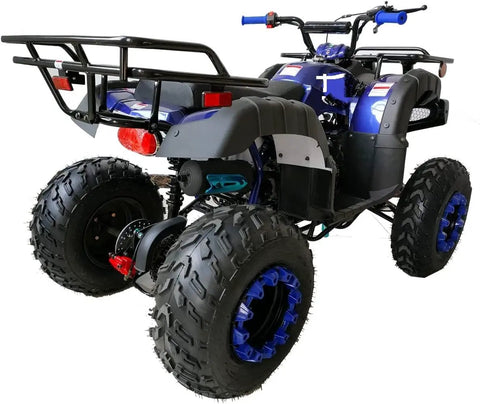 Rear view of a blue Beefy 200cc Full Size ATV Quad for Adults and Youth with LED lights, matching rims, automatic transmission, and luggage rack