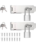 Two Sets Of 5 Inch Padlock Hasp Latch Locks, Stainless Steel Padlock With 1.5 Inch Shackle, screws and keys visible