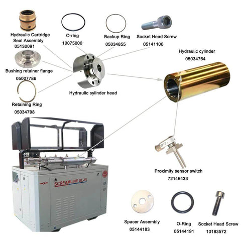 Intensifier support for SL-VI 50 hp waterjet hydraulic pump; exploded view with cylinder head, seals, rings and screws.