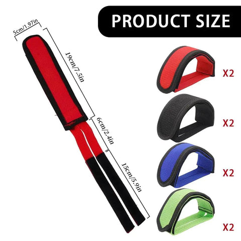 4 Pack Bike Pedal Straps For Kids, Adjustable Toe Clip Belts For Cycling, shown in red, blue, green, black, includes size dimensions.
