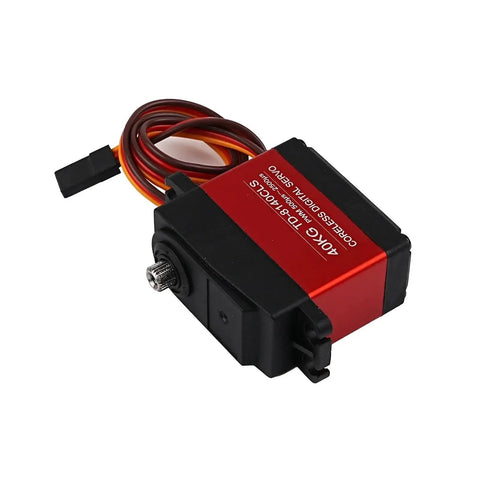 Built Tough 40Kg RC Servo With Heavy Duty Metal Gears And A Lightning Fast Coreless Motor For Rock Solid Handling In Custom RC Cars Plug And Play 180 Or 360 Degree Spinning Upgrade Gear angled view of servo with metal gears and wire