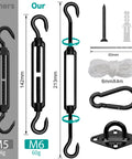 Pro Grade Heavy Duty 6 Inch 304 Stainless Sun Shade Hardware Kit parts including turnbuckles, hooks, rope, and screws
