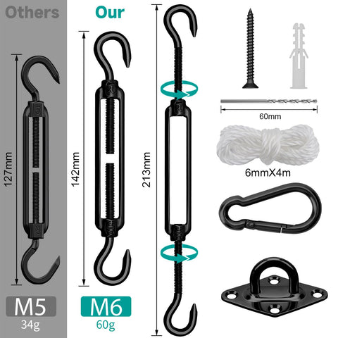 Pro Grade Heavy Duty 6 Inch 304 Stainless Sun Shade Hardware Kit parts including turnbuckles, hooks, rope, and screws