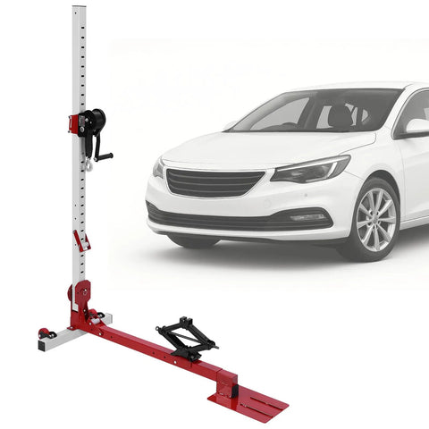 1322 Pound Heavy Duty Dent Puller For Auto Body Frames With Nylon Casters shown next to a white car, adjustable height and suction features.