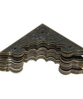 Stack of iron corner brackets in antique bronze, 40mm size, part of 200-Piece Iron Corner Brackets Set In Antique Bronze, 40mm For Jewelry Boxes.