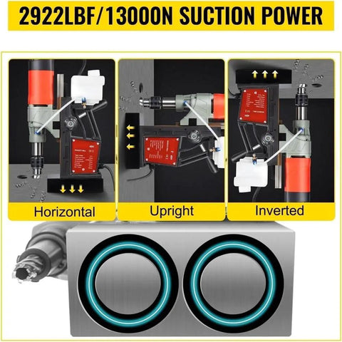 Heavy Duty 1200W Magnetic Drill Press Rock Solid Electric Mag Bench Tapping Rig Stepless Speed showing 13000N suction in three positions.