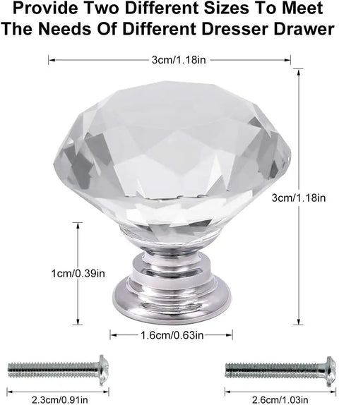 Clear Crystal Glass Cabinet Knobs 6 Pack Diamond Shape 30mm Drawer Pulls With Chrome Base and Screw Dimensions