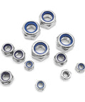 Heavy Duty 20 Pack M6 Nylon Lock Nuts Solid As A Rock 304 Stainless Steel Hex Fasteners showing various sizes and blue insert.