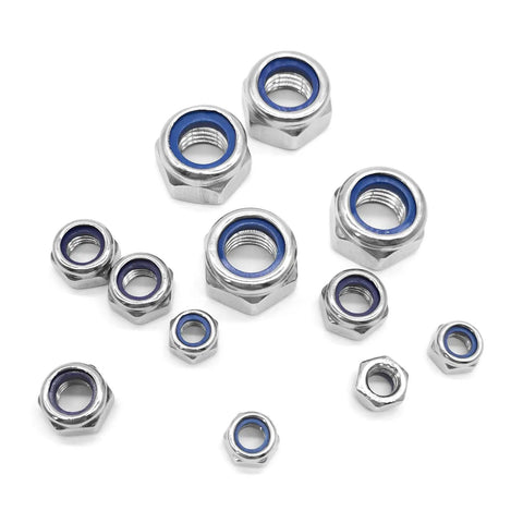 Heavy Duty 20 Pack M6 Nylon Lock Nuts Solid As A Rock 304 Stainless Steel Hex Fasteners showing various sizes and blue insert.