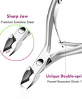 Close-up of stainless steel trimmer and nipper part of 5 In 1 Cuticle Care Kit With Stainless Steel Trimmer Pusher Nipper Dead Skin Fork And Triangle Nail Scraper For Fingernails And Toenails Pro Grade Manicure Pedicure Tools Set For Salon Quality Nail Care At Home