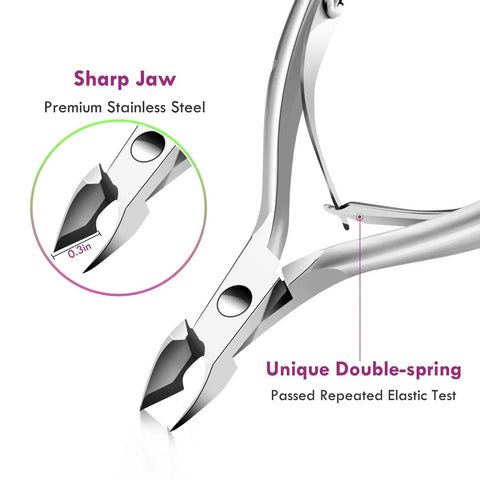 Close-up of stainless steel trimmer and nipper part of 5 In 1 Cuticle Care Kit With Stainless Steel Trimmer Pusher Nipper Dead Skin Fork And Triangle Nail Scraper For Fingernails And Toenails Pro Grade Manicure Pedicure Tools Set For Salon Quality Nail Care At Home