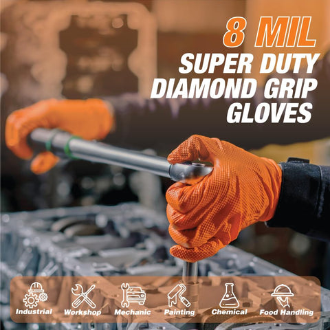 Tough As Nails Eight Mil Orange Nitrile Work Gloves With Raised Diamond Texture For Heavy Duty Industrial Tasks, large size, used for mechanics.