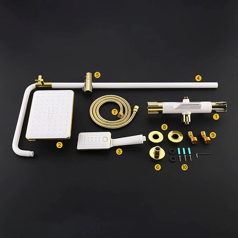 UBNMIUBV Shower System with Shower Head, Shower Combo Set Wall Mount Shower Faucet Set parts layout with gold accents.
