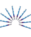 Top-view of ten blue-coated flat-nose end mills for CNC routers, 1/8 shank, 2-flute upcut set