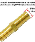 Three Eighths Inch Brass Hose Barb Splicer Mender Fittings With Six Stainless Steel Pipe Clamps For Water Fuel And Air Hoses 10 Millimeter Inner Diameter Ideal For Automotive Marine RV And Workshop Use Durable Brass Construction For Long Lasting showing the brass fitting with 3/8 inch measurement label