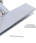 Close-up of ergonomic hand seamer tool jaws with non-slip lines, showing 1-4" notches for precise bending, durable metal construction.