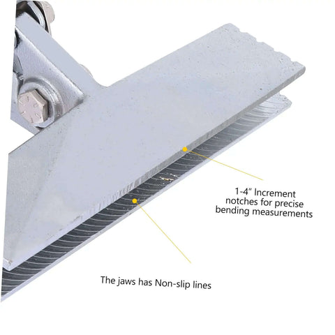 Close-up of ergonomic hand seamer tool jaws with non-slip lines, showing 1-4" notches for precise bending, durable metal construction.